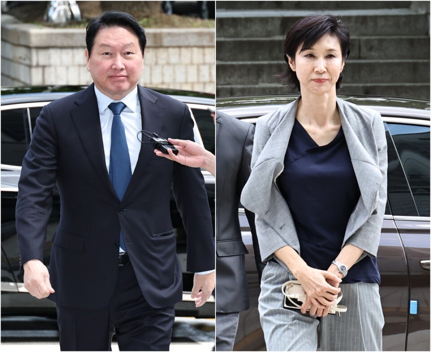 지난달 26일 변론기일에 출석하는 최 태원 회장과 노소영 관장 ⓒ연합뉴스