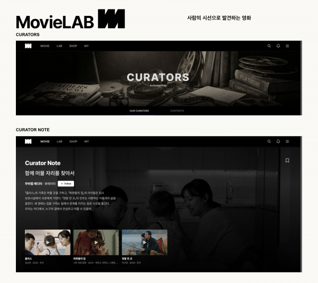 무비랩의 CURATORS 소개 배너(위)와 MOVIE 내 ‘무비랩 에디터’의 Curator Note(아래). 추천 글과 작품을 함께 보여주는 실제 서비스 화면이다(제공=무비랩)