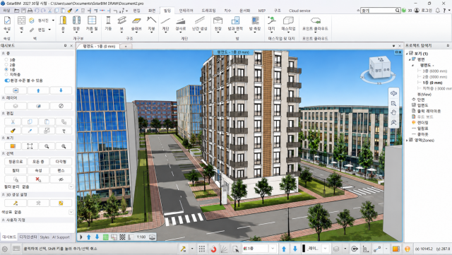 GstarBIM 2027에서 건축 BIM 모델을 3D로 설계하고 검토하는 작업 화면