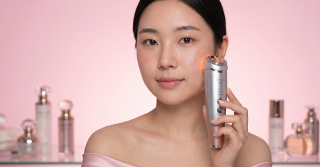 Kara RFusion Pro 비침습 홈케어 에스테틱 디바이스로 EMS 얼굴 근육 자극, RF 고주파 탄력 케어, LED 포토테라피, 볼 탄력, 턱선 윤곽, 리프팅 효과, 서울 뷰티 스탠다드 기반의 K-뷰티 스킨케어 기술을 보여준다