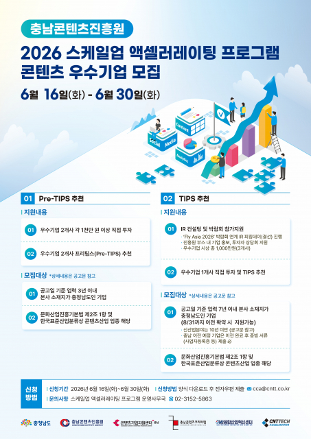 충남콘텐츠진흥원, ‘2026 스케일업 액셀러레이팅’ 콘텐츠 우수기업 모집