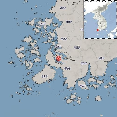 16일 오후 7시 34분 11분쯤 전남 해남군 서북서쪽 20km 지역에서 규모 2.4의 지진이 발생했다. 연합뉴스