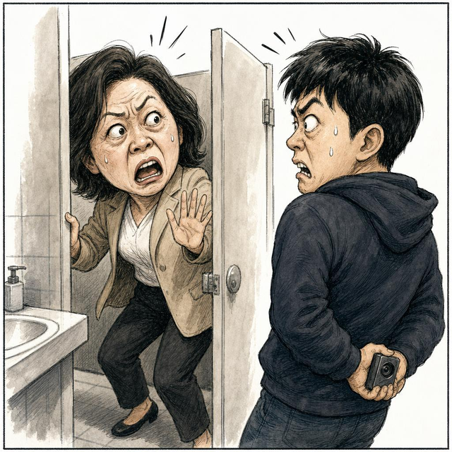 여자화장실에서 자신을 몰래 촬영한 20대 남성을 폭행한 혐이로 1심에서 유죄를 선고받은 여성이 1심에서 유죄를 선고받고 항소했다. [AI가 생성한 이미지]