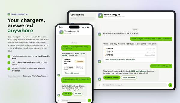 Tellus Energy AI – 태블릿이나 스마트폰 등 어떤 기기에서든 자연어로 차량 및 설비 운영 현황을 조회할 수 있는 AI 기반 운영 지원 시스템