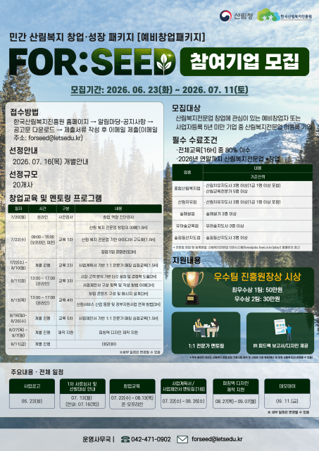한국산림복지진흥원, 민간 산림복지 창업·성장 패키지 ‘FOR:SEED 예비창업패키지’ 참가 기업 모집