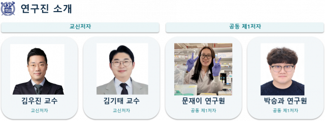 연구진 소개. 상단 왼쪽부터 김우진 교수, 김기태 교수(교신저자). 하단 왼쪽부터 문재이 연구원, 박승과 연구원(제1저자)