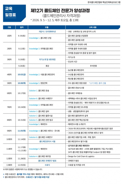 ‘제12기 콜드체인 전문가(콜드체인관리사) 양성과정’ 일정표(제공=한국콜드체인협회)