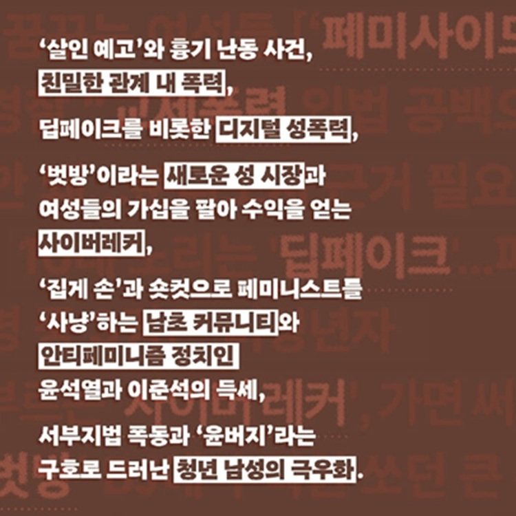 한국성폭력상담소가 기획한 책 『폭주하는 남성성 -폭력과 가해, 격분과 괴롭힘, 임계점을 넘은 해로운 남성성들의 등장』(동녘, 2025) 출판사 카드뉴스 중에서.    