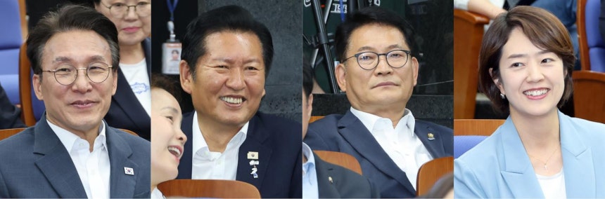 더불어민주당 8·17 전당대회에서 당대표 경선에 출마한 김민석 전 총리(왼쪽부터), 정청래 전 대표, 송영길 의원, 고민정 의원이 14일 국회에서 열린 의원총회에 참석하고 있다. 연합뉴스