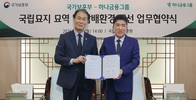 하나금융그룹은 광복 81주년을 맞아 서울 동작구 국립서울현충원에서 국가보훈부와 ‘국립묘지 묘역 및 참배환경 개선을 위한 업무협약을 체결했다. 이날 행사에 참석한 함영주 하나금융그룹 회장(오른쪽)과 권오을 국가보훈부 장관이 기념 촬영을 하고 있다
