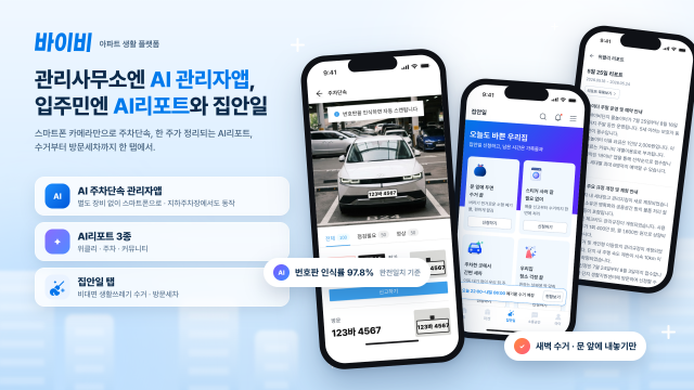 관리사무소 직원용 AI 관리자앱(왼쪽)과 입주민용 바이비 앱의 ‘집안일’ 탭, AI 리포트 화면(제공=에이치티비욘드)